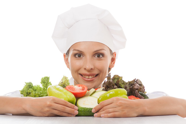 Woman chef or cook and vegetables - Fotó, kép