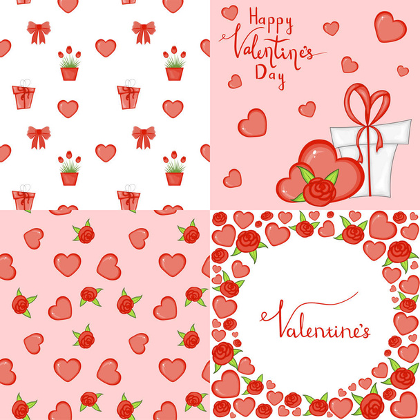 Valentine's Day set with postcard, pattern and template. Cartoon style. Vector illustration. - Vektor, kép