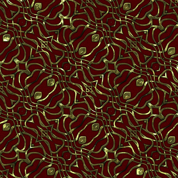 Luxury regal seamless pattern with gold mesh ornament in style of fashion on colorful fabric background. Design for wallpapers and textile print. Luxurious glossy metalwork fantasy texture. - Photo, image