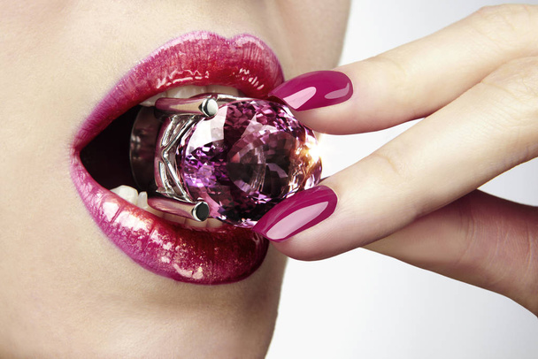 mouth with red lips and jewelery - Foto, Imagem