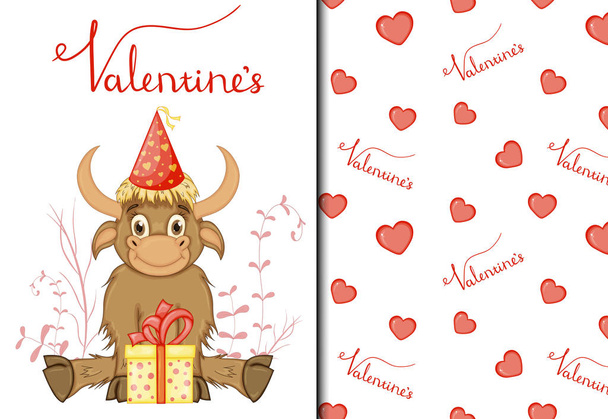 Valentine's Day set of pattern and postcard with a cute bull. Cartoon style. Vector illustration. - Vektor, Bild