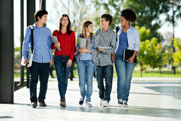 College Students Walking Together On Campus - Valokuva, kuva
