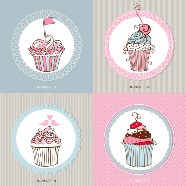 Decorative hand drawn sweet cupcakes cards - Vetor, Imagem