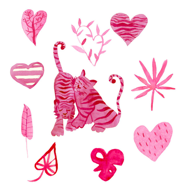 Акварель набор розовые тигры и жесткие на День Святого Валентина. Симпатичная иллюстрация на белом изолированном фоне нарисована рукой. Дизайн открыток, социальных сетей, оберточной бумаги, принтов, веб, обоев, упаковки
. - Фото, изображение