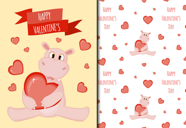 Valentine's Day set of pattern and postcard with a cute hippo. Cartoon style. Vector illustration. - Vettoriali, immagini