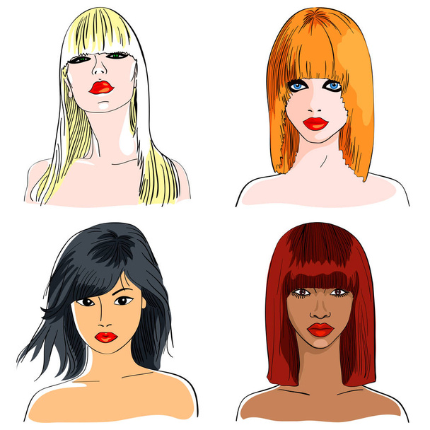 color close-up sketch of a beautiful young girls of different nationalities, hair with bangs, serious look - 写真・画像