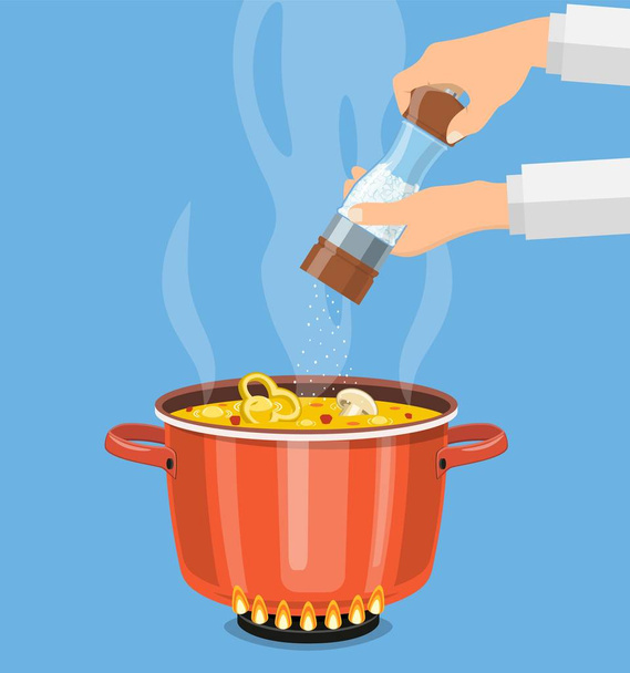 Cocinero con molino de pimienta y olla hirviendo
 - Vector, imagen