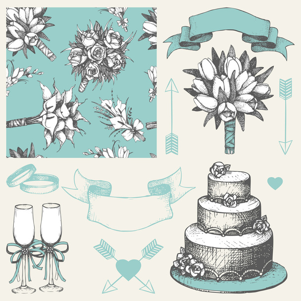 Vector collection of wedding design elements. Hand drawn wedding decoration. Seamless floral pattern - Vettoriali, immagini