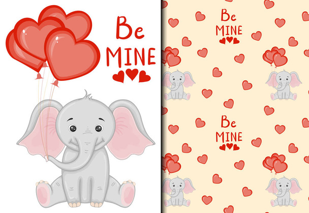 Valentine's Day set of pattern and postcard with a cute elephant. Cartoon style. Vector illustration. - Vettoriali, immagini