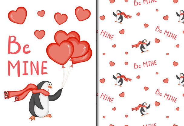 Valentine's Day set of pattern and postcard with cute penguin. Cartoon style. Vector illustration. - Vettoriali, immagini
