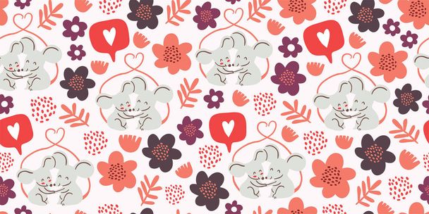 Seamless pattern with cute couple of mouses, love - Vector, Image