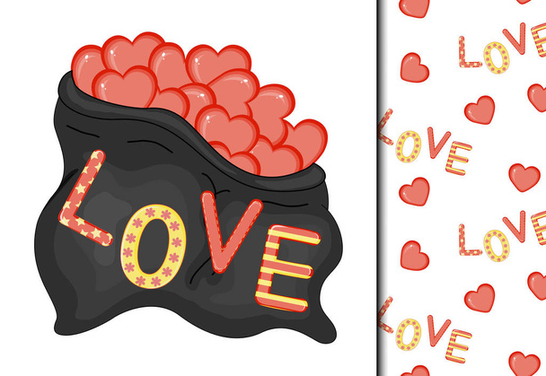 Valentine's Day set of pattern and postcard. Cartoon style. Vector illustration. - Vecteur, image