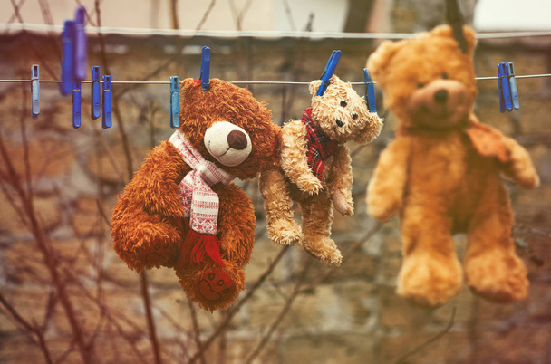 three cute brown wet teddy bears hanging on a clothesline and dr - Fotoğraf, Görsel