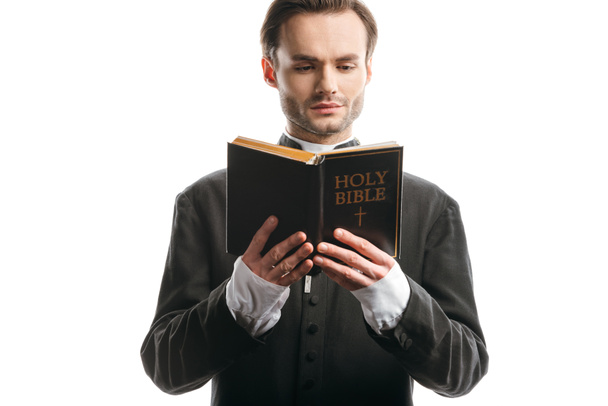 serious, concentrated catholic priest reading holy bible isolated on white - 写真・画像