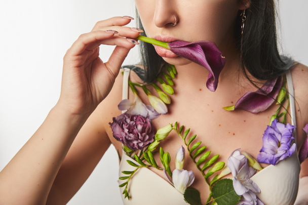 cropped view of girl in bra with violet and purple flowers on body holding calla in mouth isolated on white - Zdjęcie, obraz