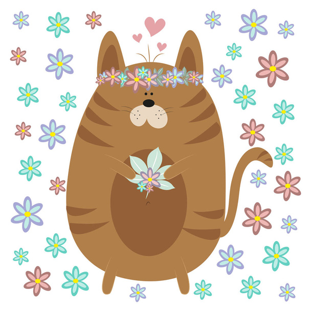 Funny cat with daisy flowers, vector illustration. Good for cover, card, poster, banner, textile print, and gift design. - Vecteur, image