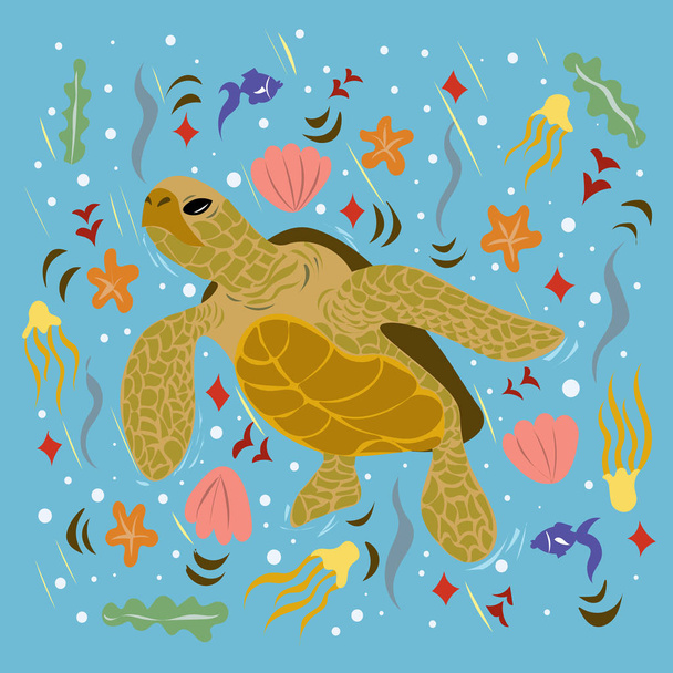 Graphic illustration with ornament and symbol. Big turtle in the underwater world against the background of marine inhabitants. Illustration for postcards, t-shirts, covers for notebooks - Вектор, зображення
