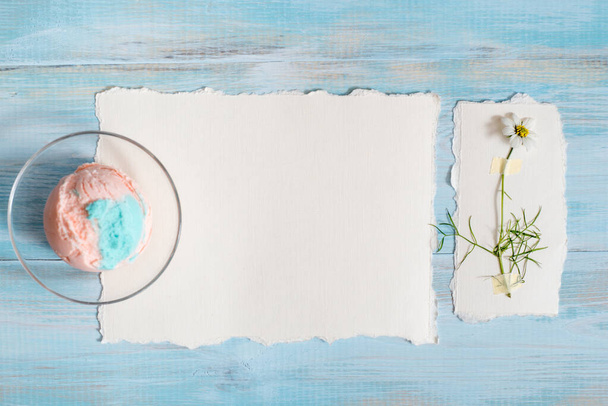 Botany on paper. notebook and postcard. bright blue pink ice cream on a light blue background. Copy Space. View blank space for text. Place for text. Flat lay, top view. - Photo, Image