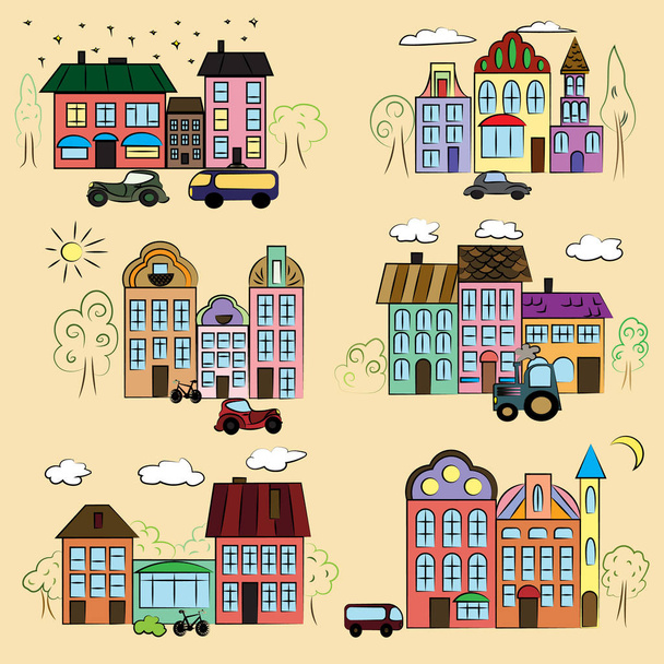 Μια πόλη με διαφορετικά σπίτια σκιαγραφούν πολύχρωμα δέντρα και αυτοκίνητα - Διάνυσμα, εικόνα