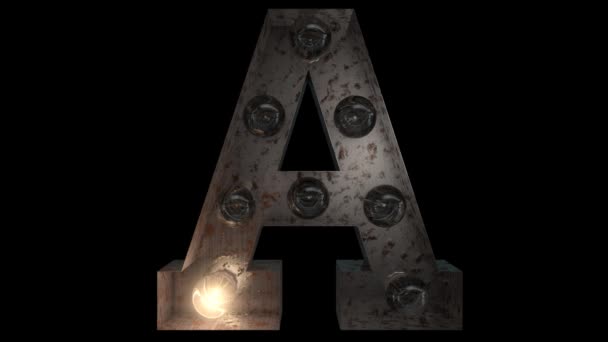 animated rusty steel blinking light bulb letters with 4 light animation loops and  alpha channel A - Footage, Video