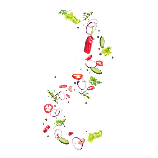 Swirls of lettuce, fresh vegetables, spices.Presentation of the dish, recipe, healthy nutrition, vegetarianism. Vector 3d realistic dynamic composition on white background. - Vector, Image