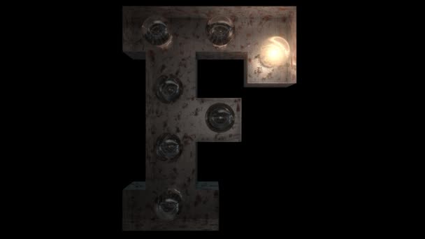 animated rusty steel blinking light bulb letters with 4 light animation loops and  alpha channel F - Footage, Video