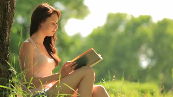 Girl sitting in park reading a book under tree - Filmati, video