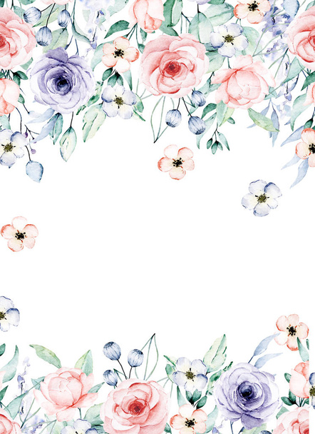 marco floral borde diseño, con acuarela pintura flores y hojas
 - Foto, Imagen