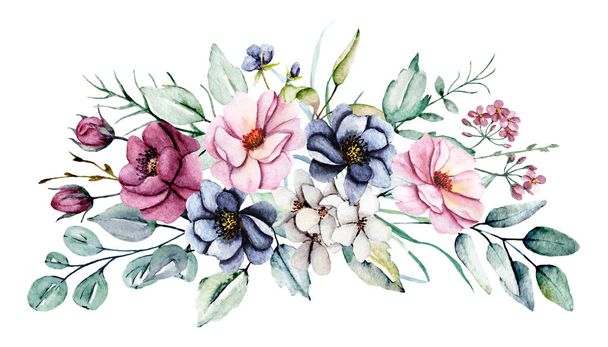 Aquarell Blumen mit Blättern, Handmalerei florales Konzept - Foto, Bild