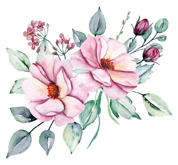 Flores de aquarela com folhas, pintura à mão conceito floral
 - Foto, Imagem