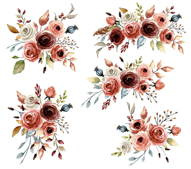 Květinová kolekce s akvarely květiny, sada barevných kytic - Fotografie, Obrázek