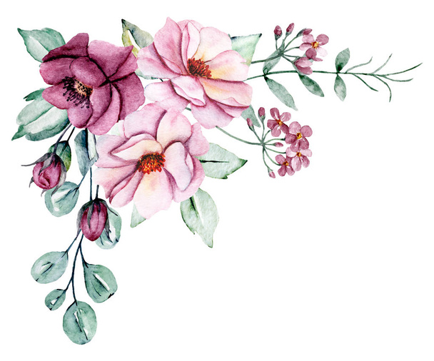 Aquarell-Blumenrahmenrand mit Platz für Text, handbemalt. isoliert auf weißem Hintergrund. - Foto, Bild