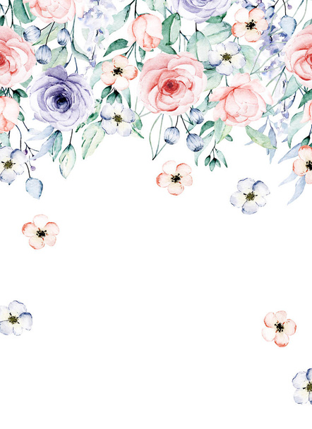 Çiçeksel çerçeve sınır tasarımı, suluboya boya çiçek ve yapraklar - Fotoğraf, Görsel