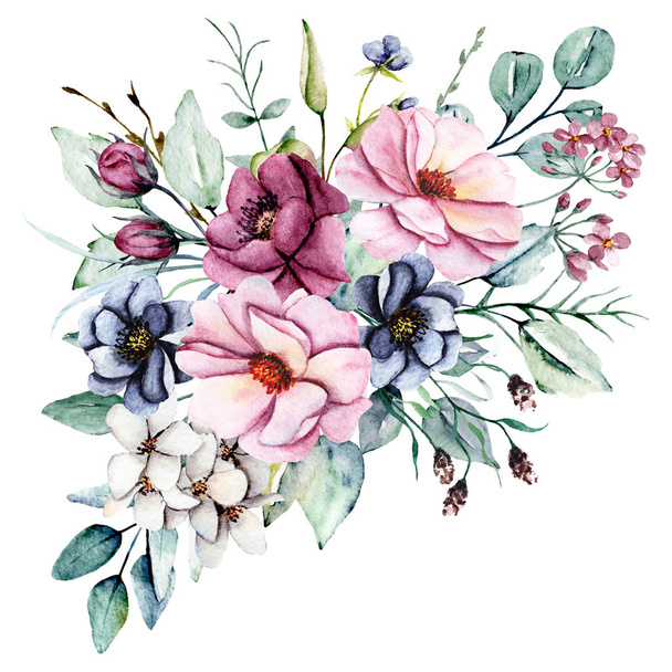 Watercolor flowers with leaves, hand painting floral concept - Φωτογραφία, εικόνα
