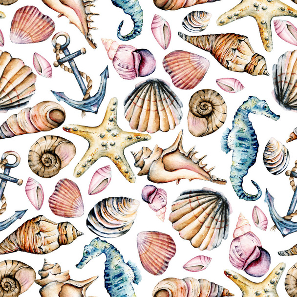 watercolor painting, seamless pattern with sea elements, marine background - Fotoğraf, Görsel