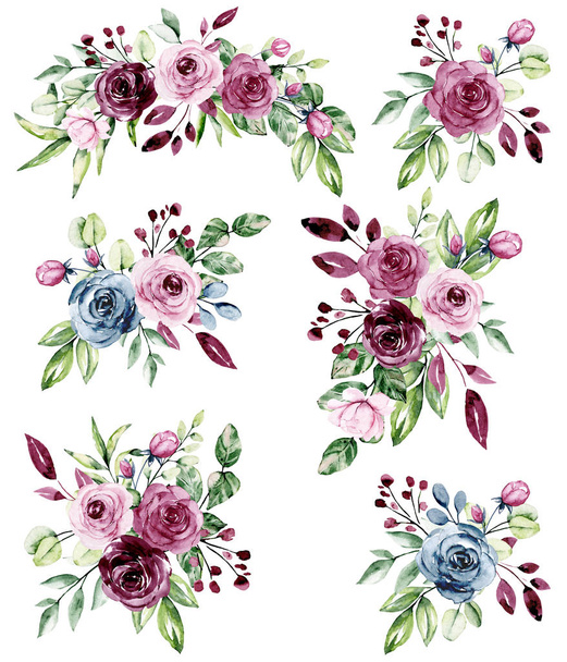 Floral collection with watercolor flowers, set of colorful bouquets - Photo, Image