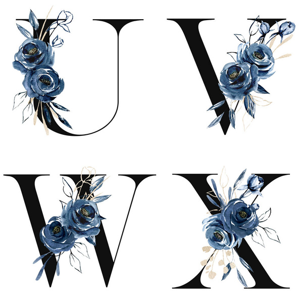Květinová abeceda, písmena U, V, W, X, kreativní akvarel - Fotografie, Obrázek