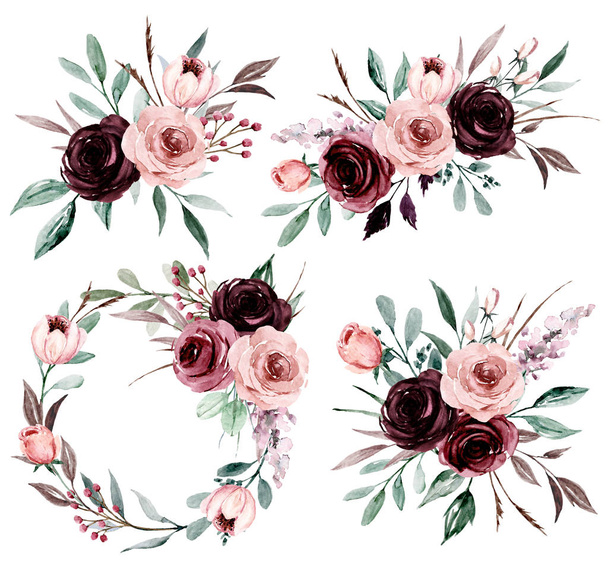 Colección floral con flores de acuarela, conjunto de ramos de colores
 - Foto, imagen