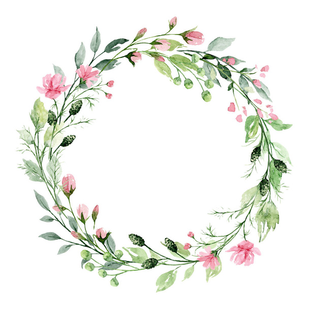 Wreath with watercolor flowers, floral set for greeting card, invitation and other printing design. Isolated on white. Hand drawing. - Фото, изображение