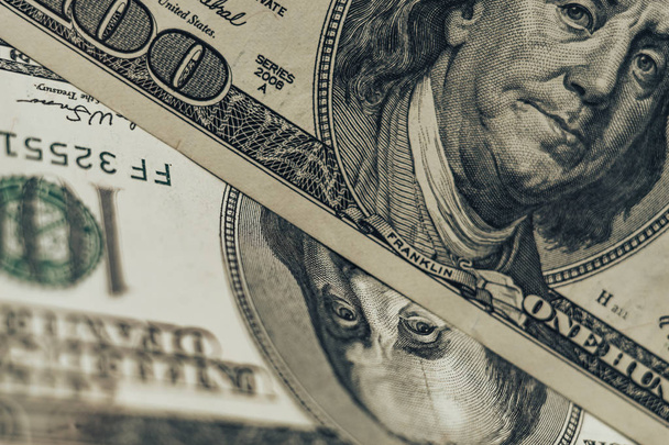 Close up Franklin's face on a one hundred dollar. American, US Dollars Cash Money background.	 - Photo, Image