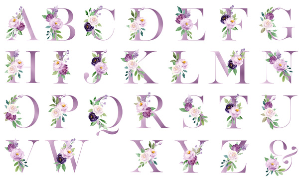 Alfabeto floral, letras engastadas con flores y hojas de acuarela
 - Foto, Imagen