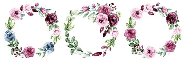 διακόσμηση έννοια με λουλούδια στεφάνια, ακουαρέλα floral κλιπ τέχνης. - Φωτογραφία, εικόνα