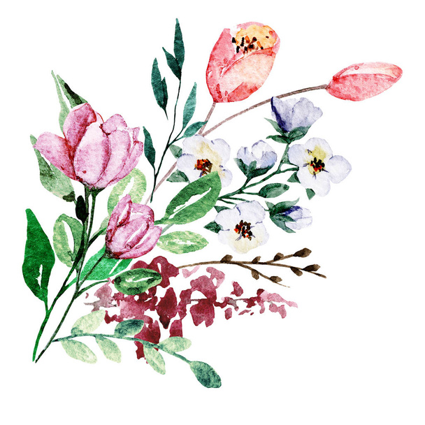 Aquarell Blumen mit Blättern, Handmalerei florales Konzept - Foto, Bild