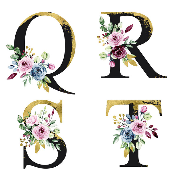 virágos ábécé, Q, R, S, T betűk akvarellekkel, kreatív design, monogram monogram kezdőbetűkkel - Fotó, kép