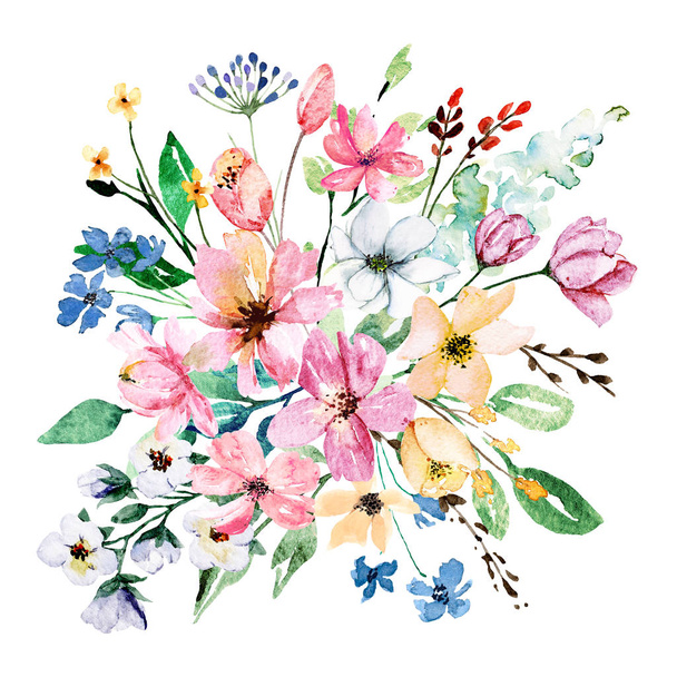 beautiful watercolor flowers, botanic composition for wedding or greeting card - Фото, изображение