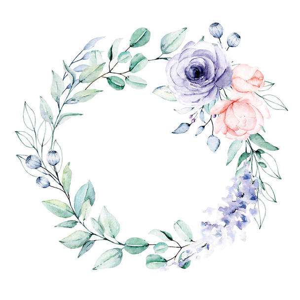 Wreath with watercolor flowers, floral set for greeting card, invitation and other printing design. Isolated on white. Hand drawing. - Photo, Image