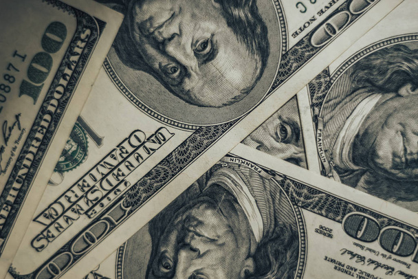Close up Franklin's face on a one hundred dollar. American, US Dollars Cash Money background.	 - Photo, Image