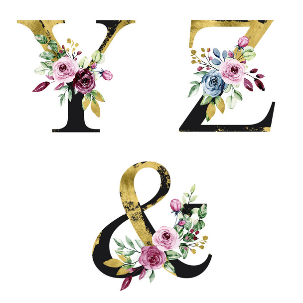 Florales Alphabet, Buchstaben y, z und Ampersand-Symbol mit Aquarellblumen, kreative Kunstgestaltung, Monogramm-Initialen - Foto, Bild