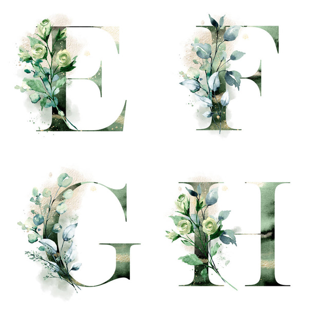 Floral alphabet, letters E, F, G, H, creative watercolor art painting - Foto, Bild
