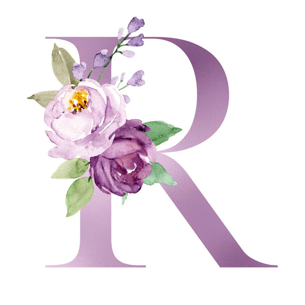 aquarelle peinture d'art, lettre R avec fleurs et feuilles, alphabet floral
 - Photo, image
